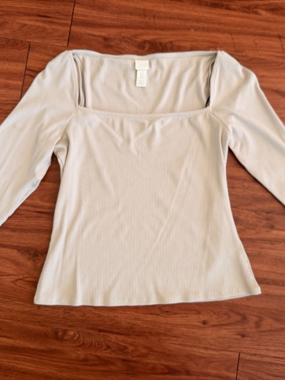 H&M Ribbed Square Neck Long Sleeve Top | Cream Beige Fitted Basic - SIZE L